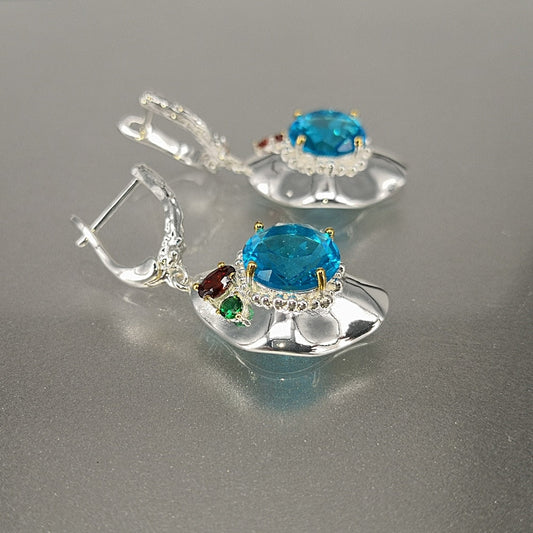 Unique Silver Gold Radiant Cut Sky Blue Zirconia Woman Earrings