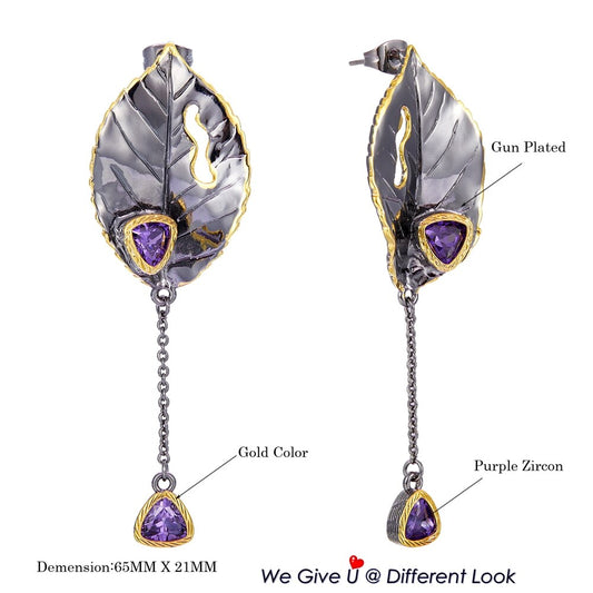 Gothic Leaves Purple Zircon Tassels Woman Earrings