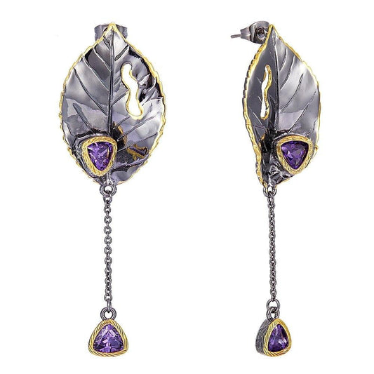Gothic Leaves Purple Zircon Tassels Woman Earrings
