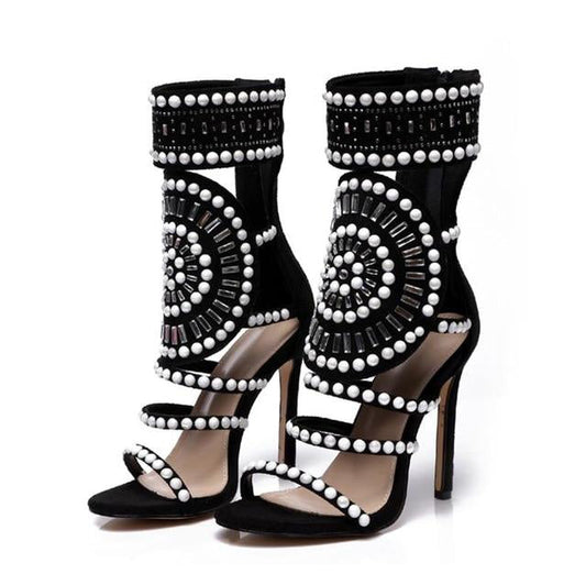 Goddess Beaded Ankle Heeled Sandal