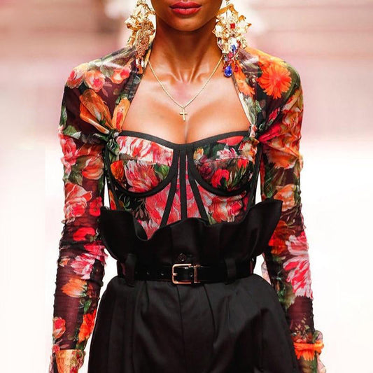 Highstreet Floral Square Collar Long Sleeve Backless Women Crop Top