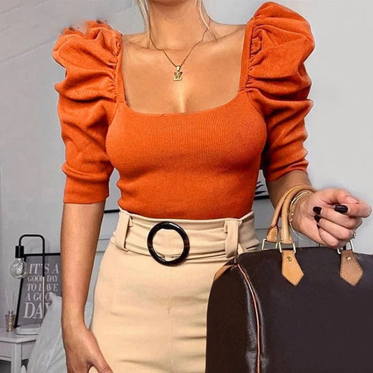 Casual Square neck Slim Fit Puff Sleeve Women Blouse