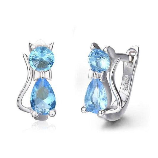 Cute Blue Cat CZ 925 Sterling Silver Small Loop Hoop Earrings