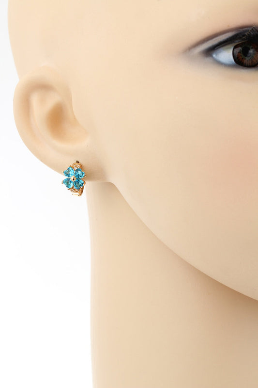 Blue Crystal Lucky Four Leaf Clover Heart Cut Small Hoop Earrings