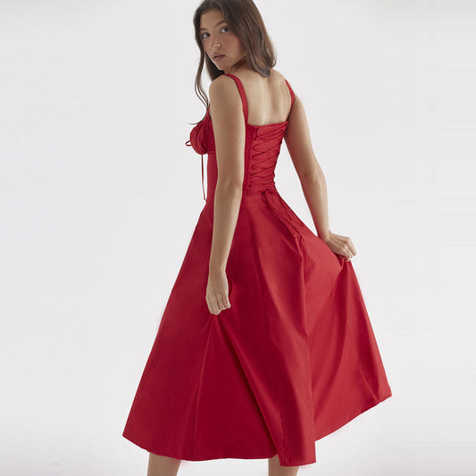 Romantic Tie Front Lace Up Suspender Strap Ruched Bustier Midi SunDress