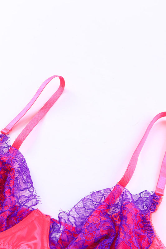 Rose 3Pcs Color Block Lace Contrast Lingerie Set With Garter Belt