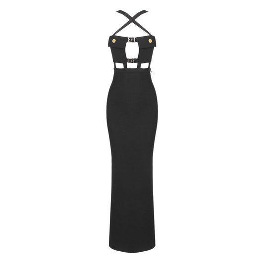 Sexy Crossover Front Chest Pocket CutOut Buckled Strap Split Maxi Evening Dress