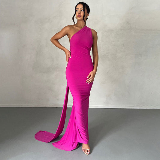 Solid Color One Shoulder Ruched Backless Evening Maxi Dress - Hot Pink