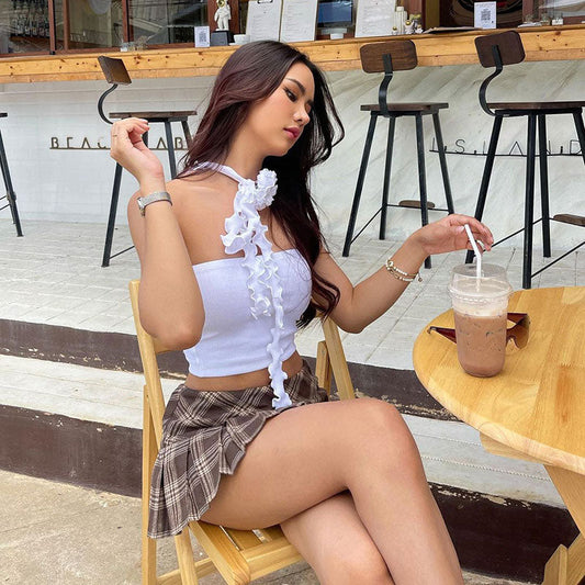 Solid Color Ribbed 3D Flower Lettuce Detail Crop Top - White