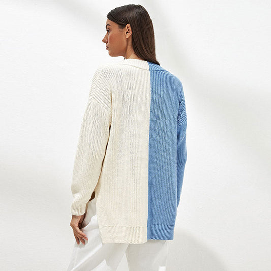 Stylish Contrast Color V Neck Drop Shoulder Long Sleeve Sweater - Blue