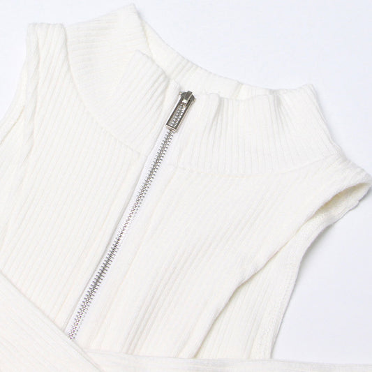 Trendy Cut Out Shoulder High Neck Half Zip Layered Cross Front Fitted Rib Knit Top