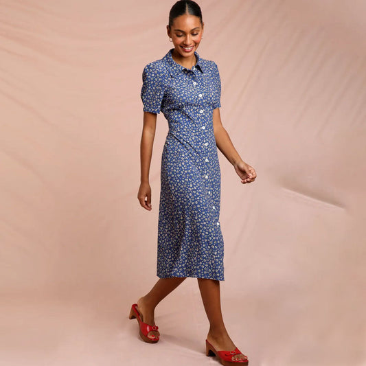Vintage Floral Print Collared Button Up Short Sleeve Midi Dress - Blue