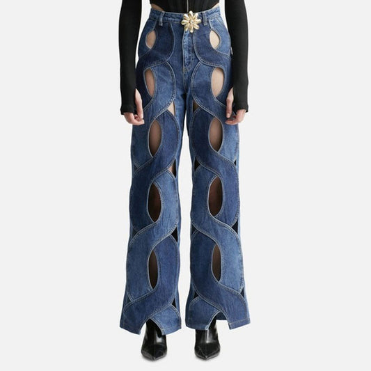 Vintage Golden FLower High Waist Wide Leg Bicolor Spiral CutOut Denim Jeans