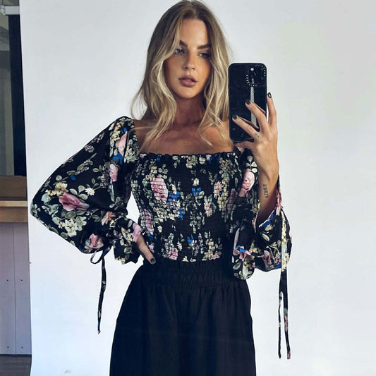 Vintage Print Off Shoulder Bishop Sleeve Crop Smocked Top - Floral