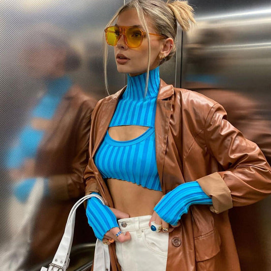 Weird Striped High Neck Long Sleeve Rib Knit Crop Sweater - Blue