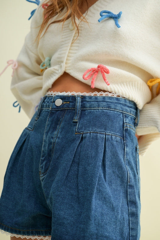 Lace Trim Pleated Denim Shorts