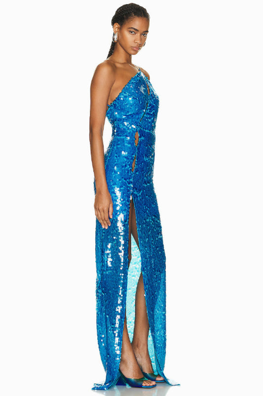 Deep Slit One Shoulder Sequin Dress