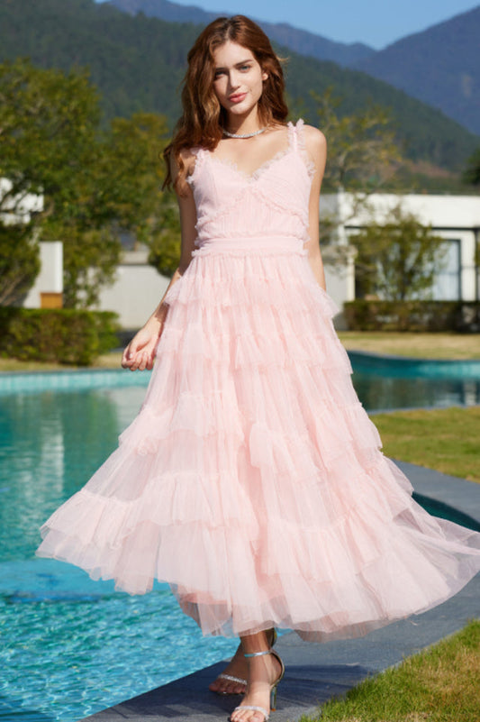 Ruffle V Neck Tiered Tulle Evening Dress