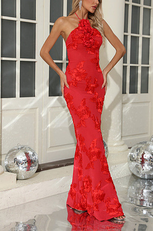 Halter 3D Floral Embroidered Gown