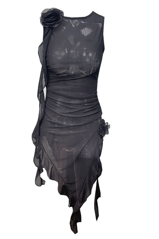 See Through Rose Ruffle Dress