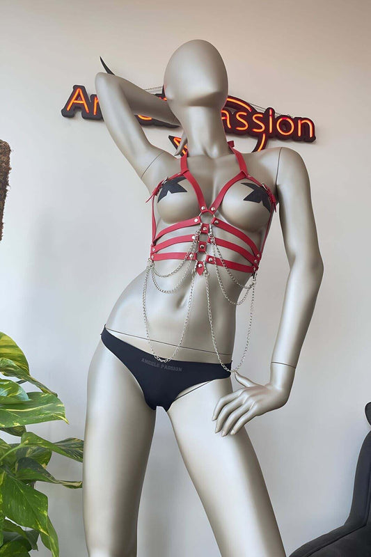 Red Leather Harness Fantasy Clothing