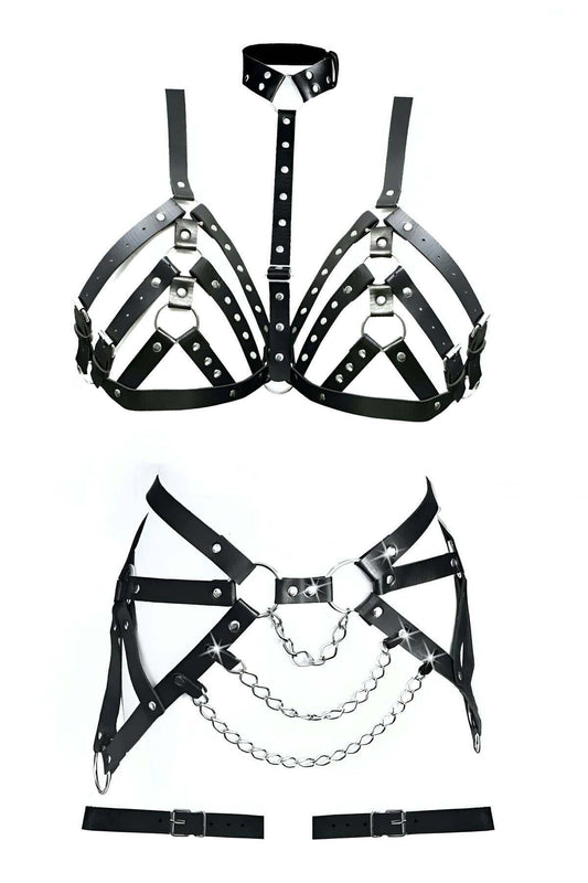 Plus Size Leather Fantasy Harness Bra Set