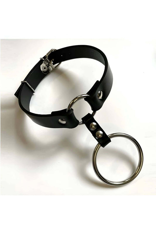 Large and Small Ring Detailed Adjustable Leather Choker