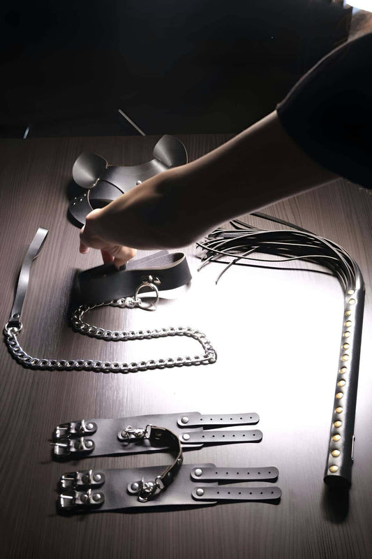 Black Fantasy Set, Whip - Handcuffs - Collar - Mask Set