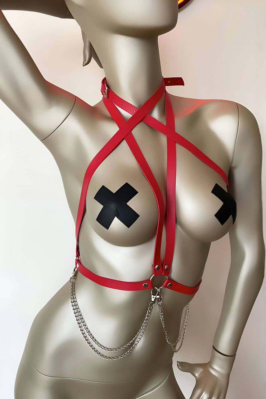 Leather Accessory on T-shirt, Stylish Leather Harness on Shirt