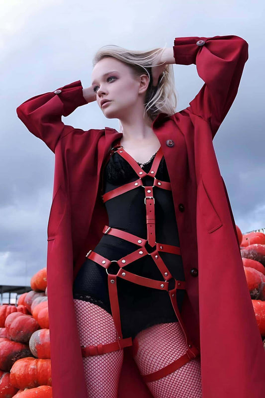 Body-hugging Red Leather Harness Fantasy Clothing