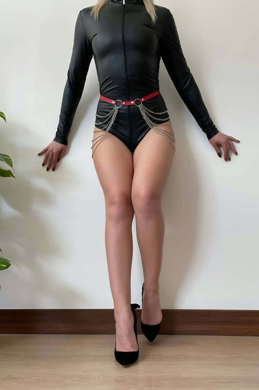 Red Leather Waist Belt with Chain