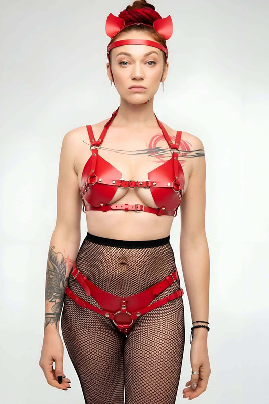 Fantasy Leather Bra and Panty Set, Earphone Detailed Harness