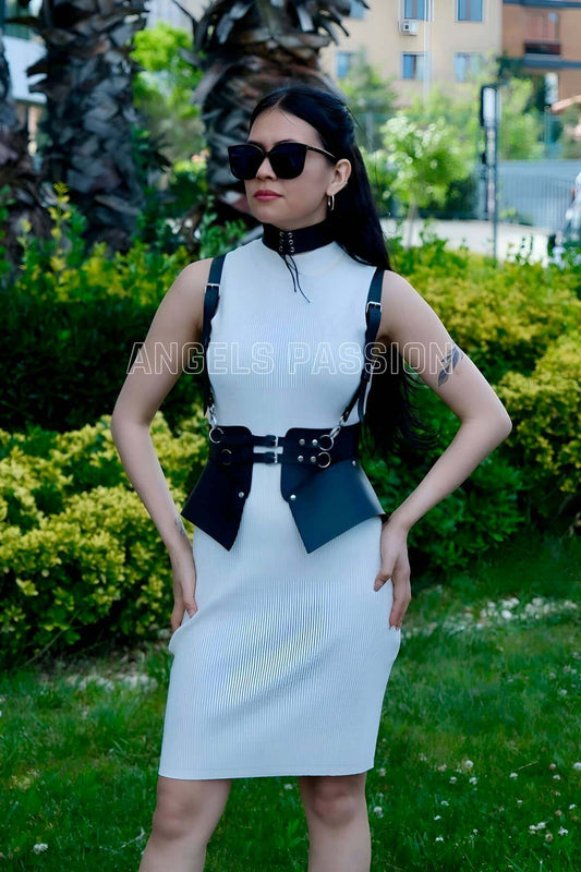 Dress, T-Shirt and Shirt Over Leather Stylish Belt and Choker Set