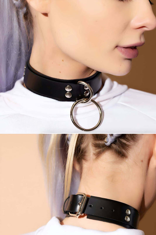 Ring Detailed Leather Choker, Leather Collar, Ringed Collar