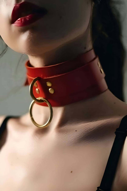Wide Ribbon Stylish Leather Choker Collar with Ring Detail