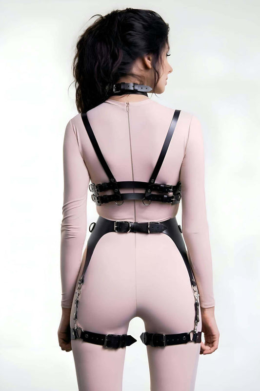 Open-chested Leather Garter Harness Set with Rings