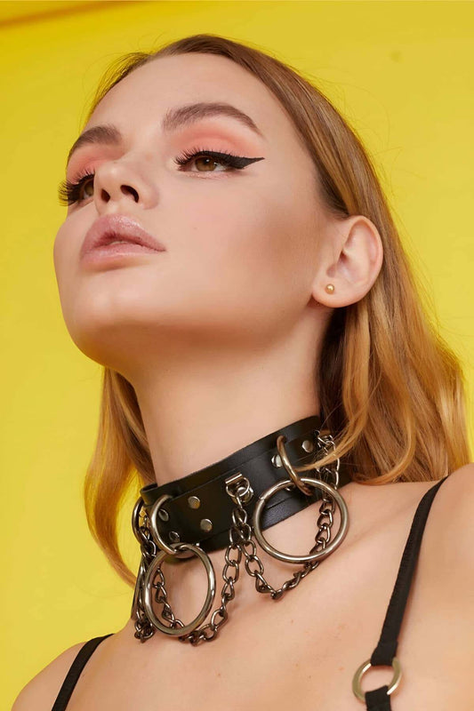 Wide Strip Leather Choker with Ring and Chain Detail