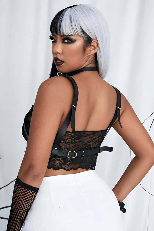 Stylish Leather Chain Chest Collar and Bracelet Harness Set