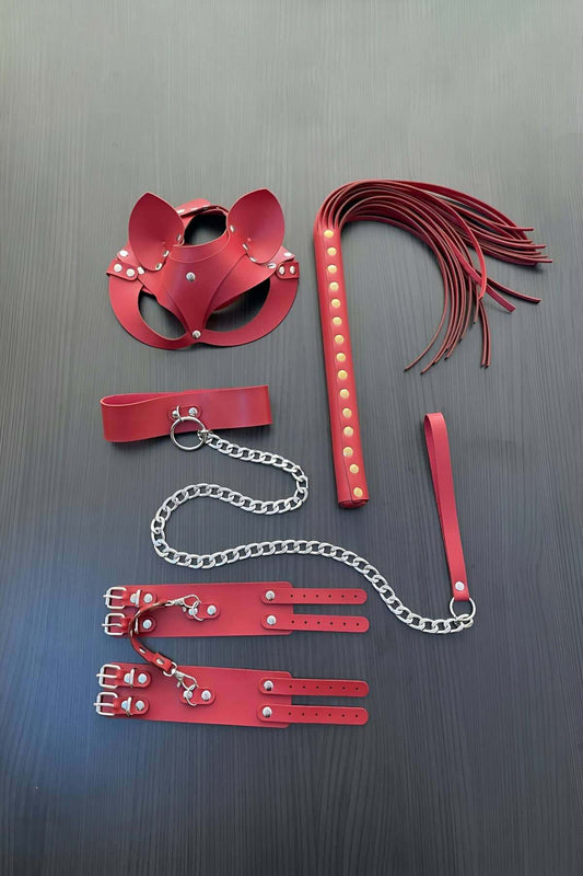 Red Fantasy Set, Whip - Handcuffs - Collar - Mask Set