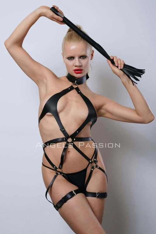 Black Whip Leather Harness, Full Body Leather Harness, Erotic Leather Underwear