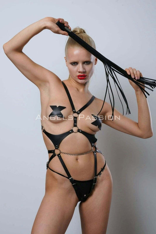 Leather Body Harness with Whip and Open Crotch Area, Leather Fantasy Clothing, Clubwear