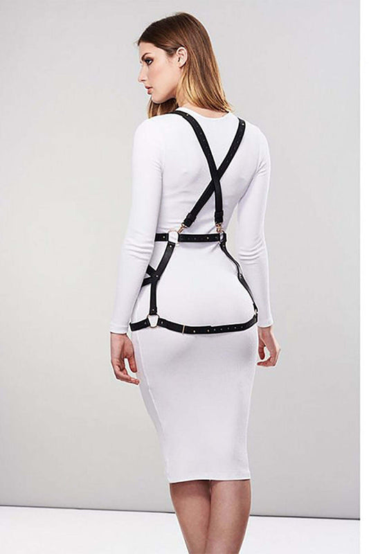 Leather Harness Over Sexy Leather Dress