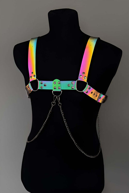 Rainbow Reflective (Glow in the Dark) Stylish Men's Chest Harness with Chain Detail, Reflective Clubwear