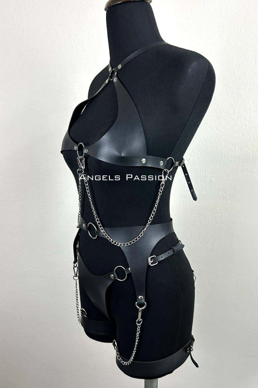 Stylish Leather Garter Set with Chain Details, Stylish Fantasy Set, Leather Underwear