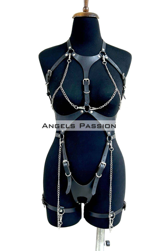 Leather Body Harness, Chain and Handcuffed Fantasy Underwear