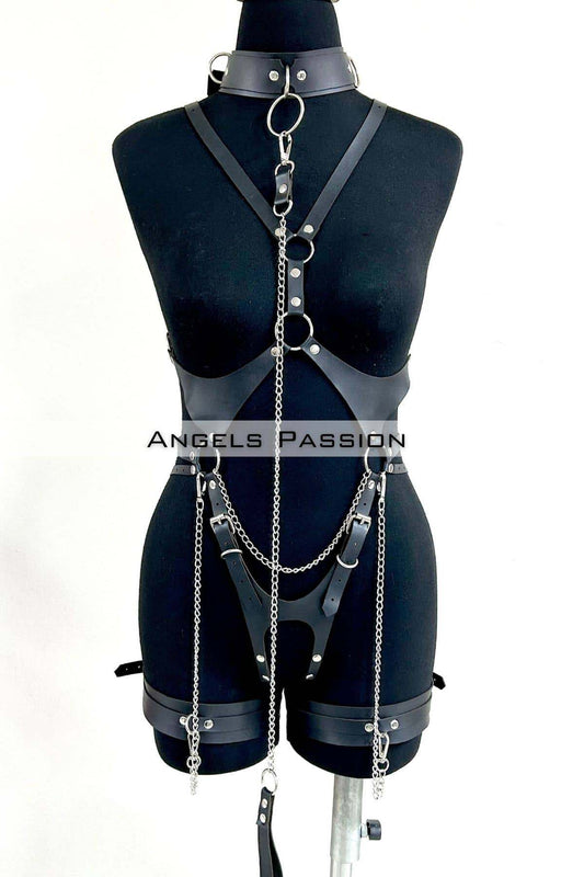 Stylish Leather Harness with Collar and Chain Details, Leather Fantasy Clothing