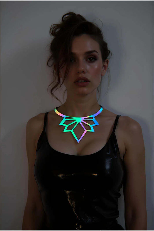 Rainbow Reflective Lotus Choker Necklace, Stylish Laser Cut Necklace