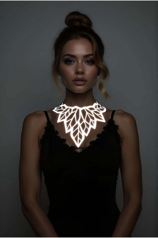 White Reflective Big Leaf Choker Necklace, Stylish Laser Cut Necklace