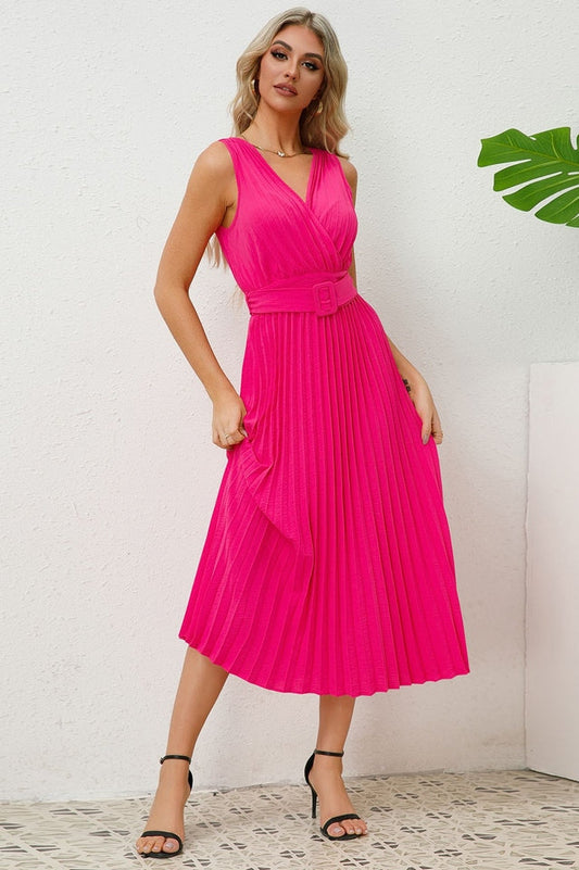 Pleated Sleeveless Dress with Belt