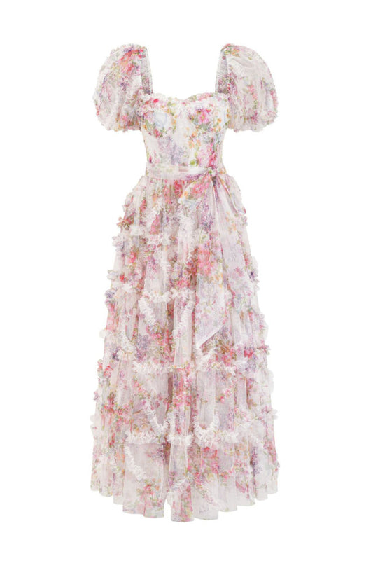 Floral Tulle Puff Sleeve Bow Tie Maxi Dress